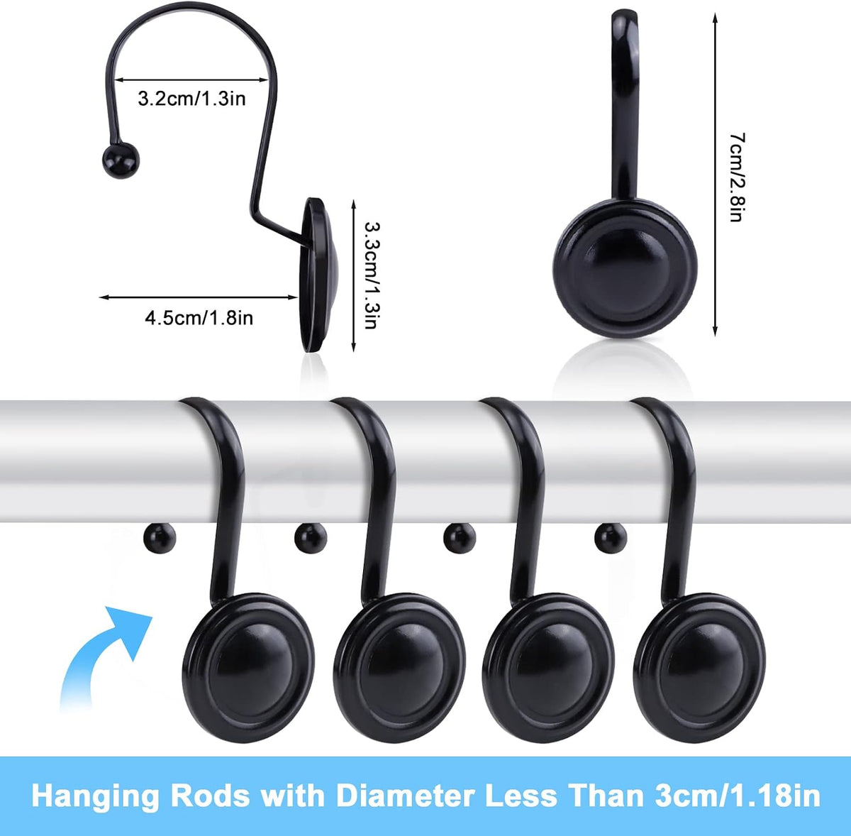 12Pcs Black Shower Curtain Hooks Rust Proof, Metal Shower Hook Round