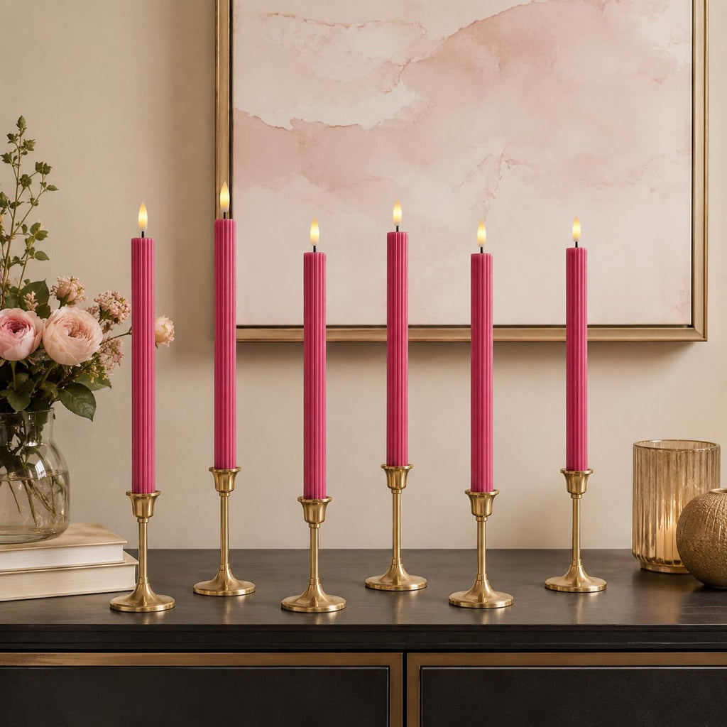 10" Fluted Ribbed LED Pink Grooved Real Wax Taper Candles, Remote & 24h Timer Memory, On/Off Switch - Flameless Dimmable Battery Operated w/Flicker Mode, Home Wedding Decor (6 Pack)