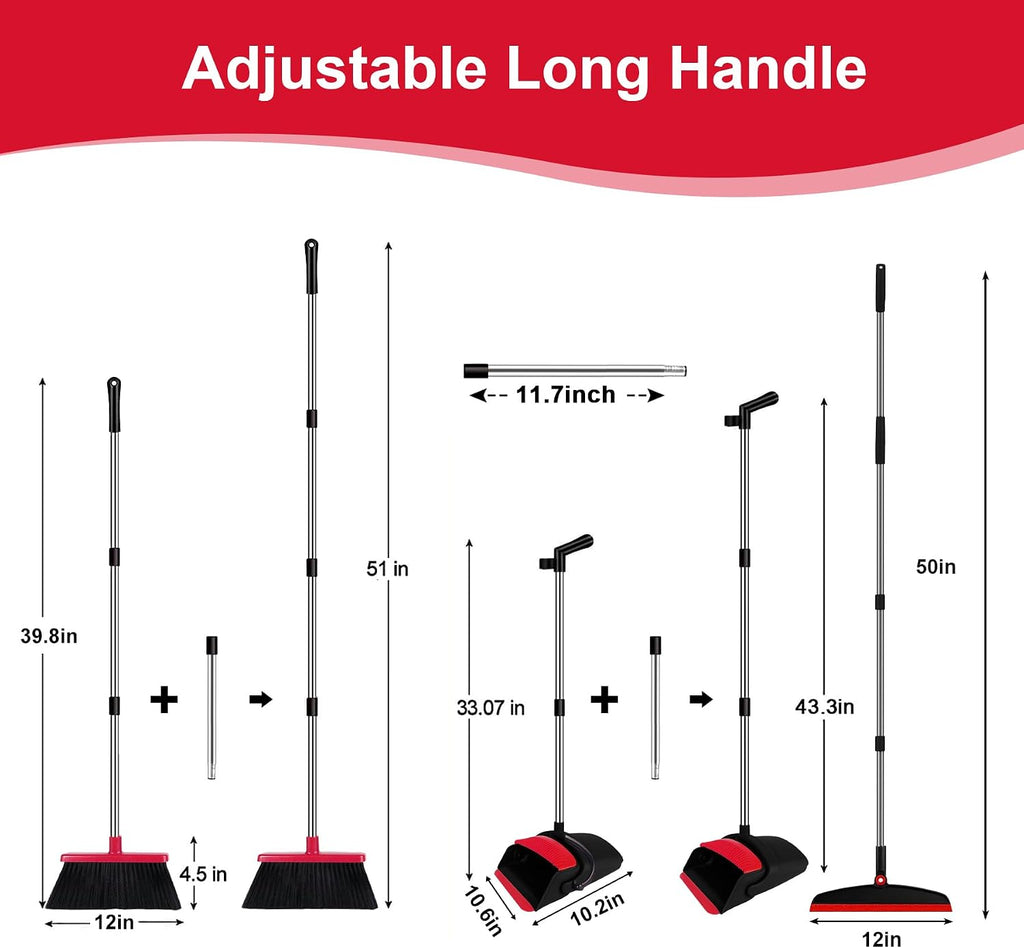 Broom and Dustpan Combo Set, 51" Long Handle with Silicone Squeegee