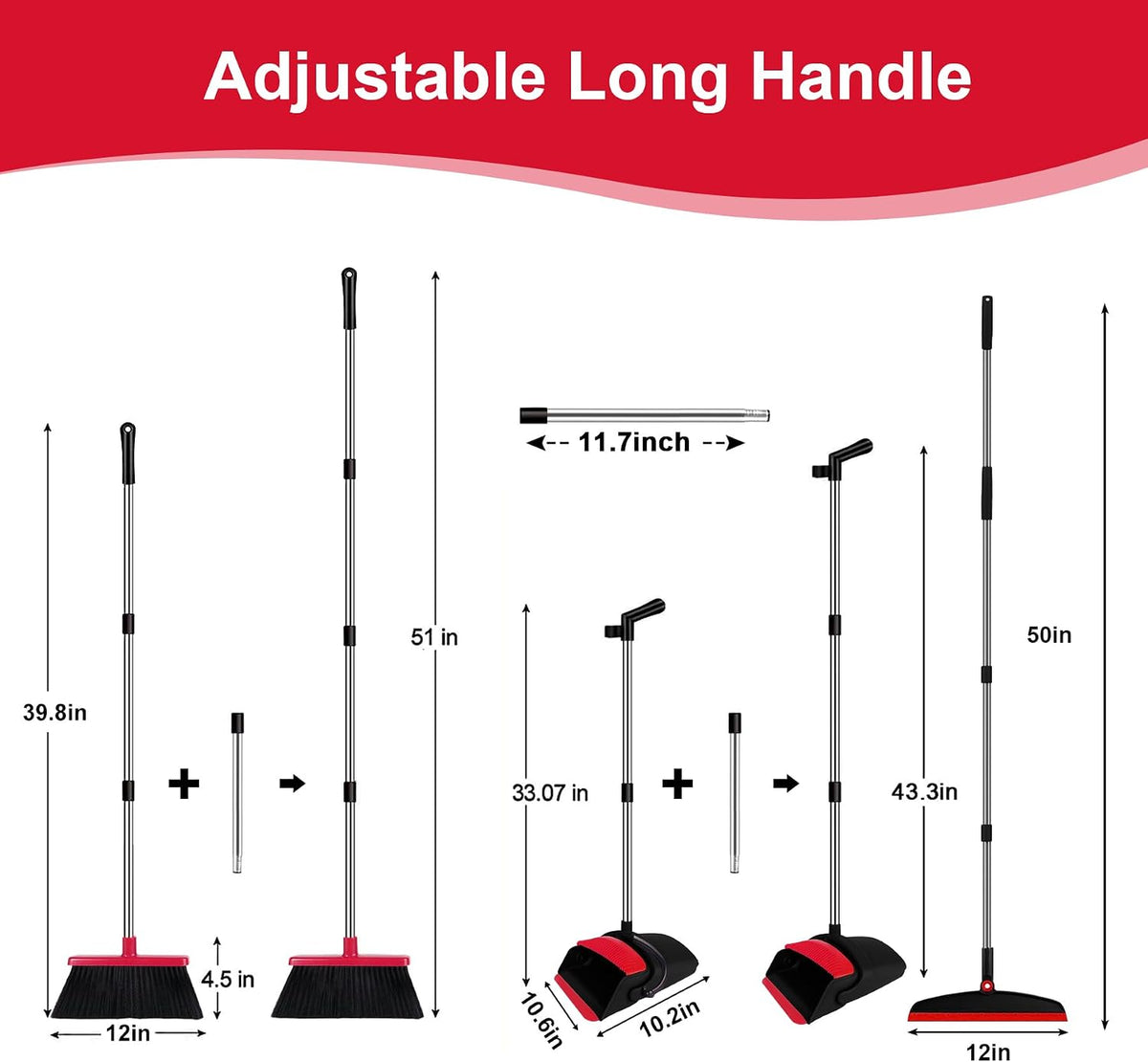 Broom and Dustpan Combo Set, 51" Long Handle with Silicone Squeegee