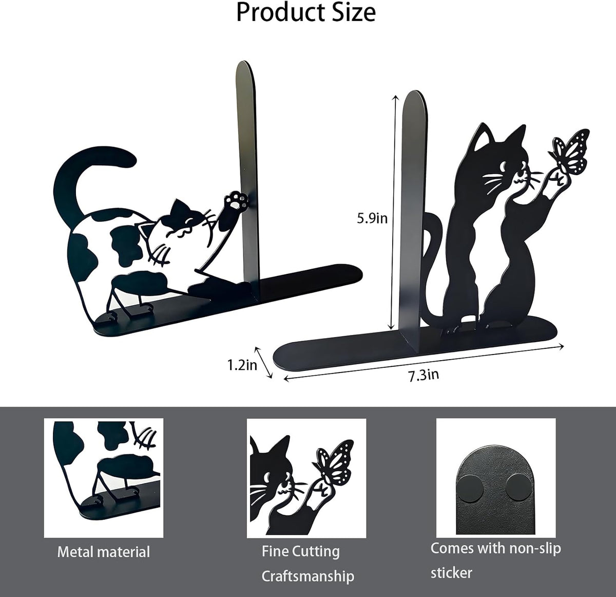 Cute Cat Bookends Metal Black Cat Book Ends for Shelves Bookshelf Decorative Accessories Home Office Desk Bookshelf Decor Cat Lover Gifts for Women