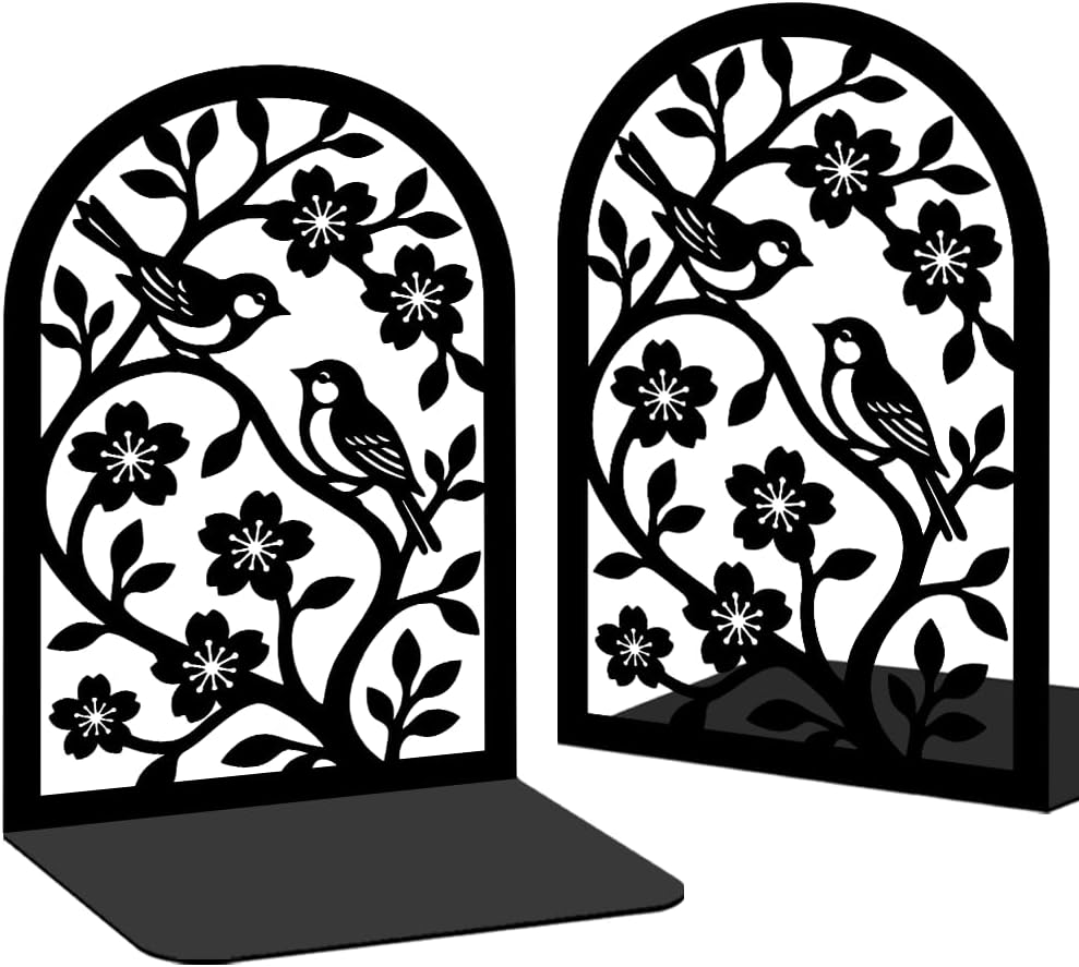 1 Pairs Flower & Birds Design Black Metal Bookends for Shelves