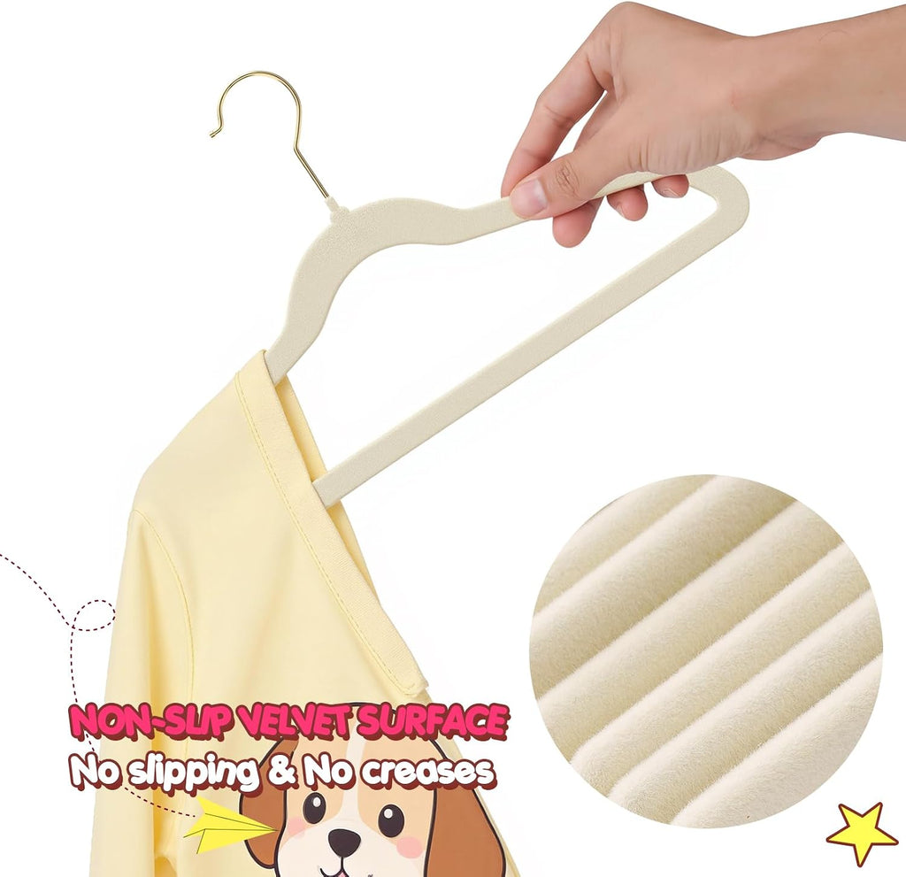 Korpai 50 Pack Baby Velvet Hangers 11 Inch,Non-Slip,Ultra Slim,Space-Saving Baby Hangers with 360° Swivel Hook, 7LBS Capacity,Baby Clothes Hangers Ideal for Baby Romper/Dresses/Shirts/Coats/, Beige