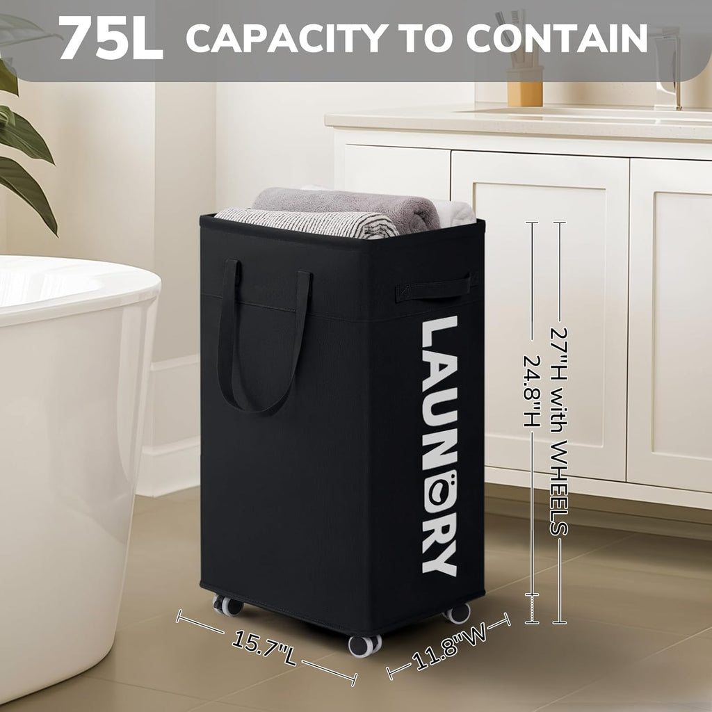 CHICVITA 75L Laundry Basket with Wheels 2-Pack, Wash Bags, Black