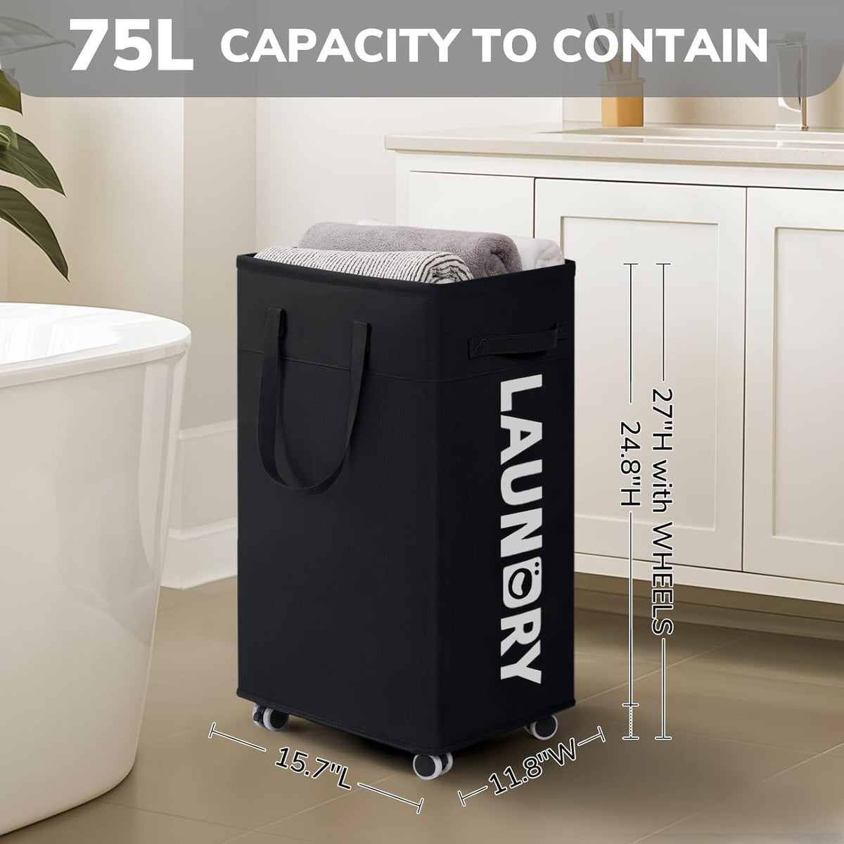 CHICVITA 75L Laundry Basket with Wheels 2-Pack, Wash Bags, Black