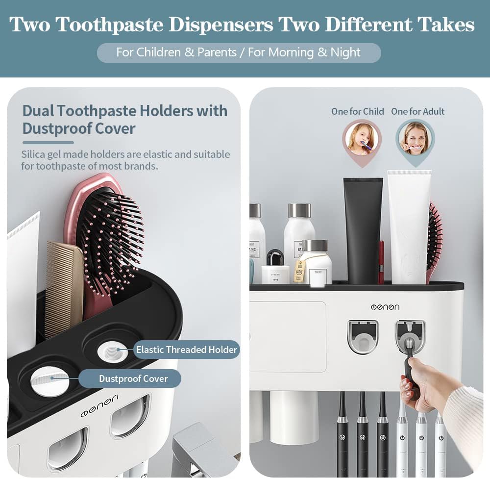 Toothbrush Holders Wall Mounted, Toothbrush Holder with Automatic Toothpaste Dispensers, 6 Brush Slots, 2 Magnetic Cups,1 Cosmetic Drawer Organizer and 1 Large Storage Tray
