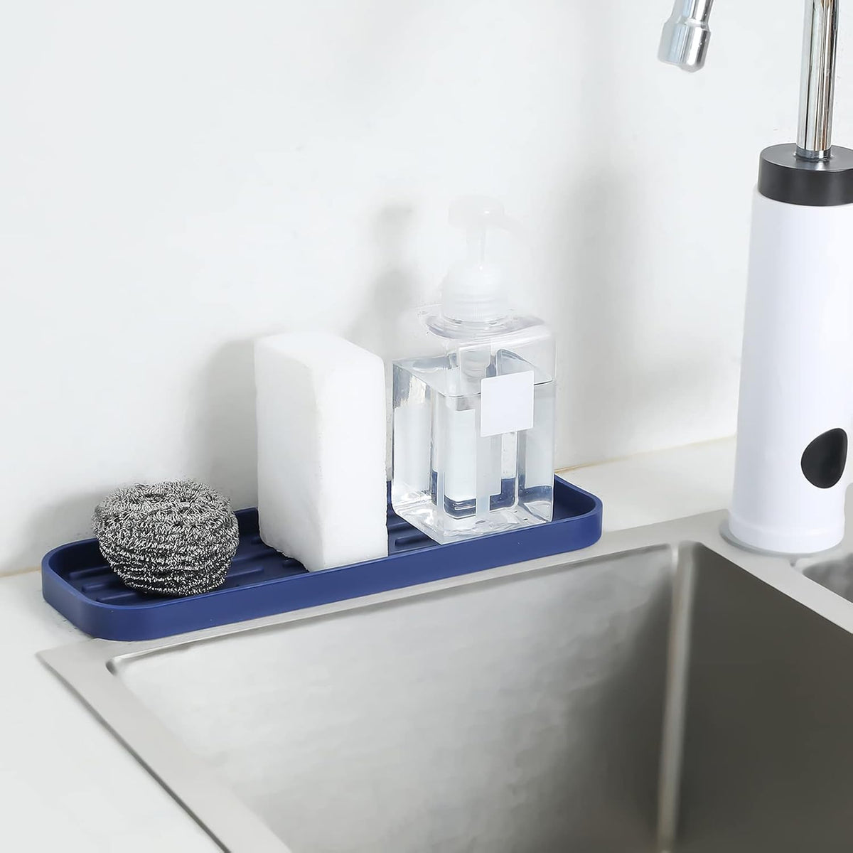 MicoYang Silicone Kitchen Sink Organizer Tray for Multiple Usage,Eco-Friendly Sponges Holder for Kitchen Bathroom Counter or Sink,Dish Soap Dispenser,Scrubber,Bottle,Cup (Navy Blue, 12"×4")