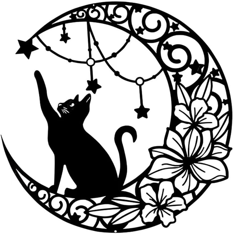 Gemseek Black Metal Cat Wall Decor, Cute Moon Cat Wall Art Sculpture
