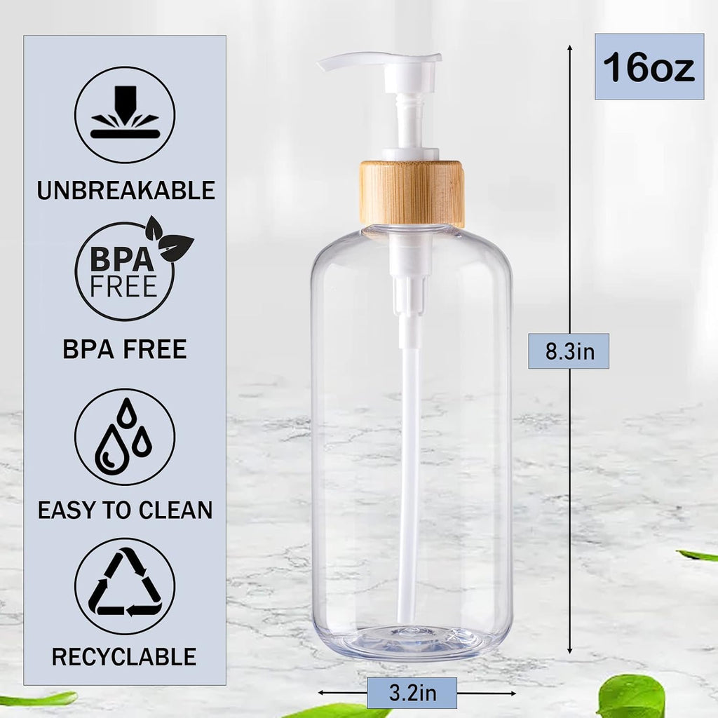 Clear Plastic Soap Dispenser Set - 16oz Refillable for Kitchen, Bathroom Shampoo & Conditioner