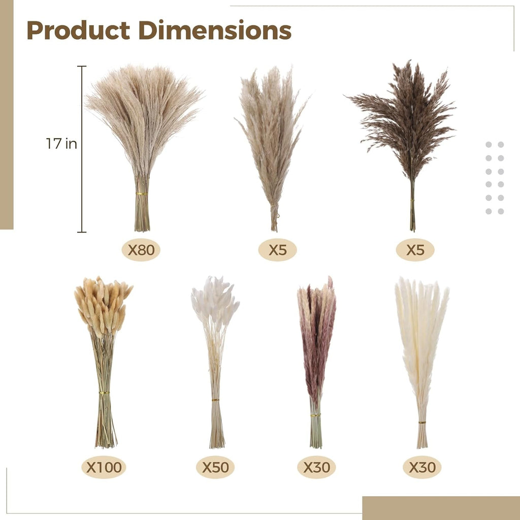 300 Pcs Dried Pampas Grass Bouquet - Natural Eucalyptus & Bunny Tail Grass, Boho Home Decor, Ideal for Wedding, Table, and Living Room Styling