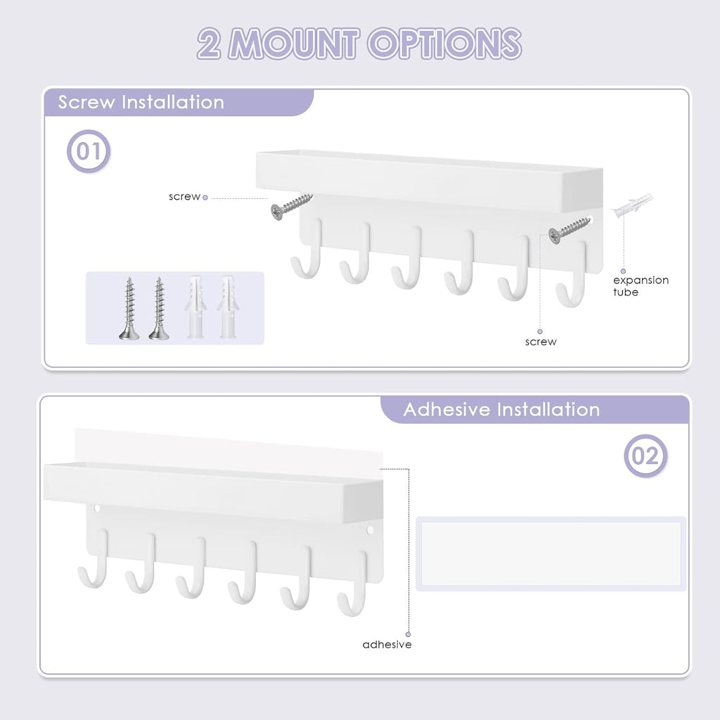 VIS'V Key Holder Wall Mount, Adhesive Key Rack with Tray, 6 Hooks, White