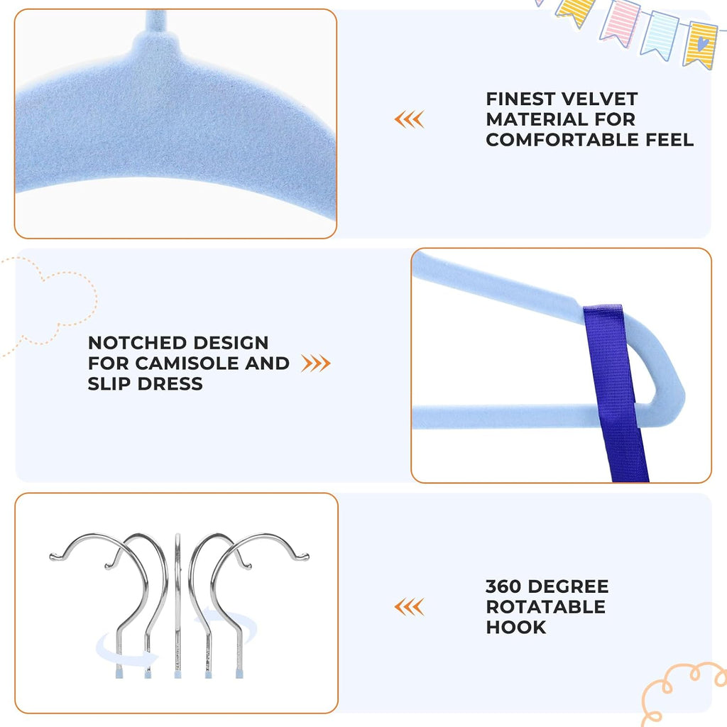 Babyrish Velvet Baby Hangers with 10x Clips and 8X Dividers (30 Pack) | 11” Ultra-Slim Baby Clothes Hangers | Non-Slip Felt | Space-Saving Nursery & Infant Closet Organizer | Blue