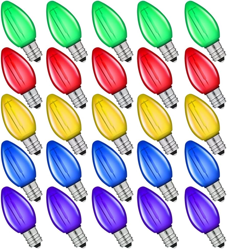 25 Pack C7 Multicolor 120V Waterproof Led Replacement Christmas Light Bulb
