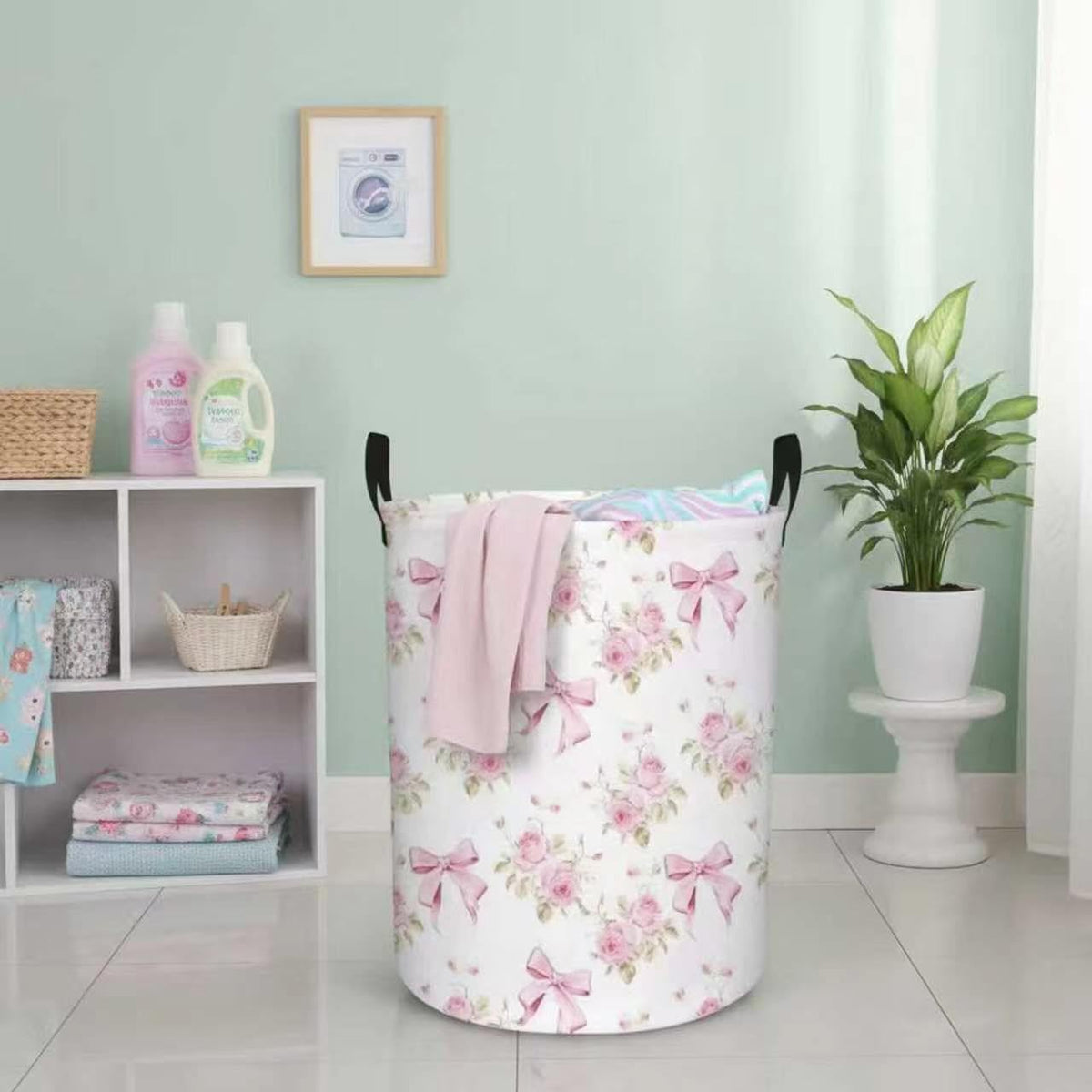 Baby Girl Laundry Basket Kids Nursery Gift Hamper Bow Room Deco (Pink Flower Bowknot)