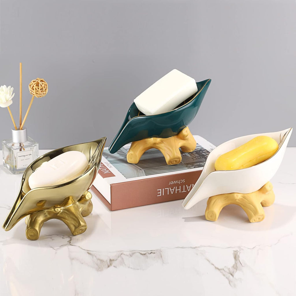 JUXYES Ceramic Leaf Shape Self Draining Waterfall Soap Dish Holder