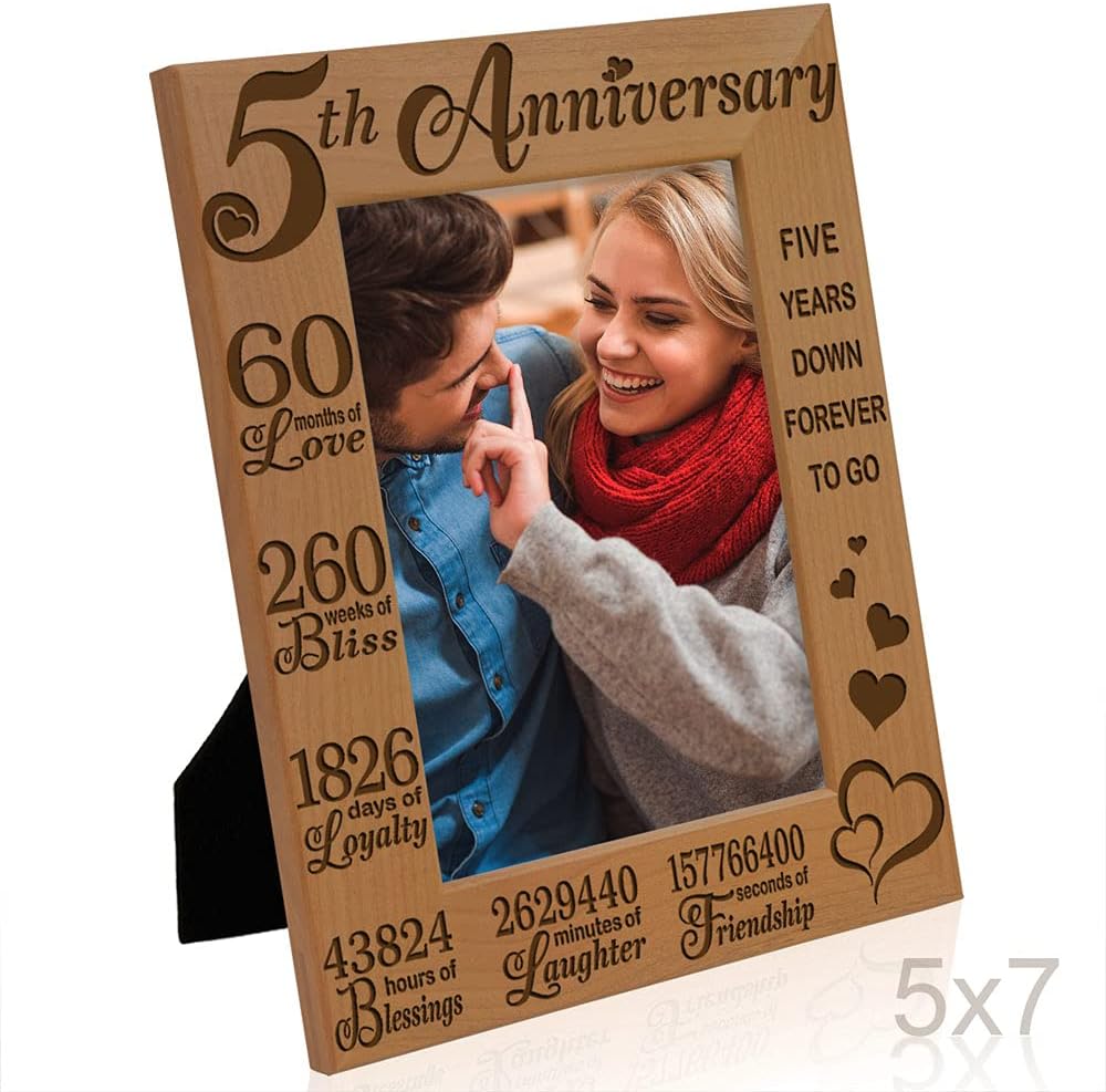 KATE POSH 5th Anniversary Engraved Natural Wood Picture Frame and Gifts, 5th Wood Wedding Anniversary (5x7-Vertical)