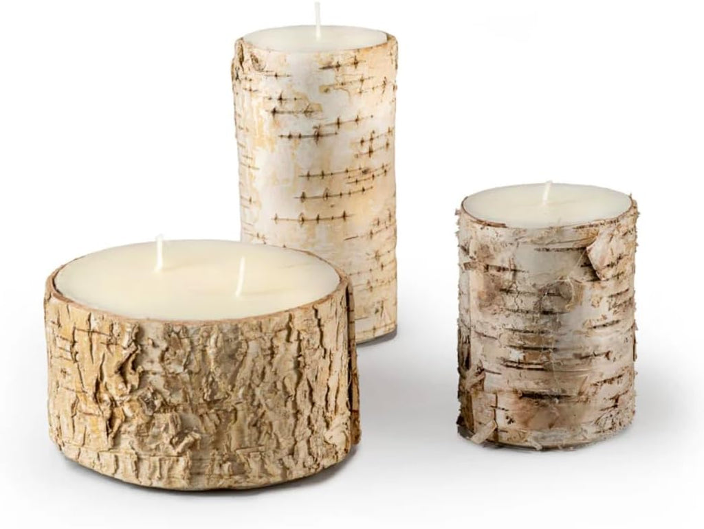 Serene Spaces Birch Bark Candle Set - 3 Pillar Candles Bring Nature Indoors, Ideal for Weddings, Parties & Home Decor - 6", 8" & 10" Tall