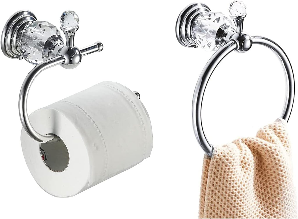 WOLIBEER Crystal Towel Hook, Chrome Towel Ring Toilet Paper Holder Hand Towel Holder Tissue Roll Paper Holder Towel Hanger Silver Bathroom Accessories 2 Pieces Wall Mounted