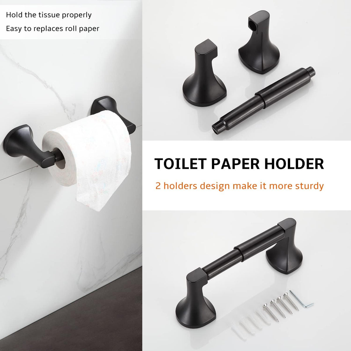 BGL Bathroom Hardware Set Matte Black Adjustable Expandable Towel Bar 4-Piece Bathroom Accessory Set Wall Mounted Robe Hook Toilet Paper Holder Towel Ring Towel Bar