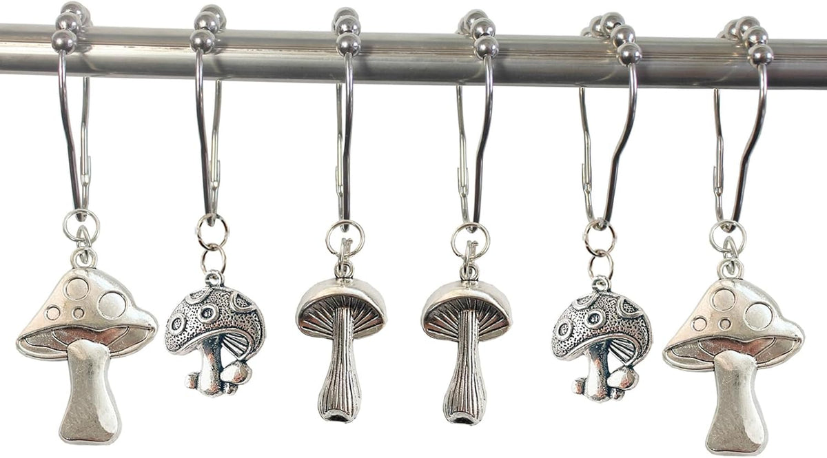 Mushroom Shower Curtain Hooks, 12Pcs Rustproof Metal Cute Retro Mushroom Shower Curtain Hooks Rings for Boho Fairy Forest Country Cottagecore Style Home Bathroom Decor (Silvery)
