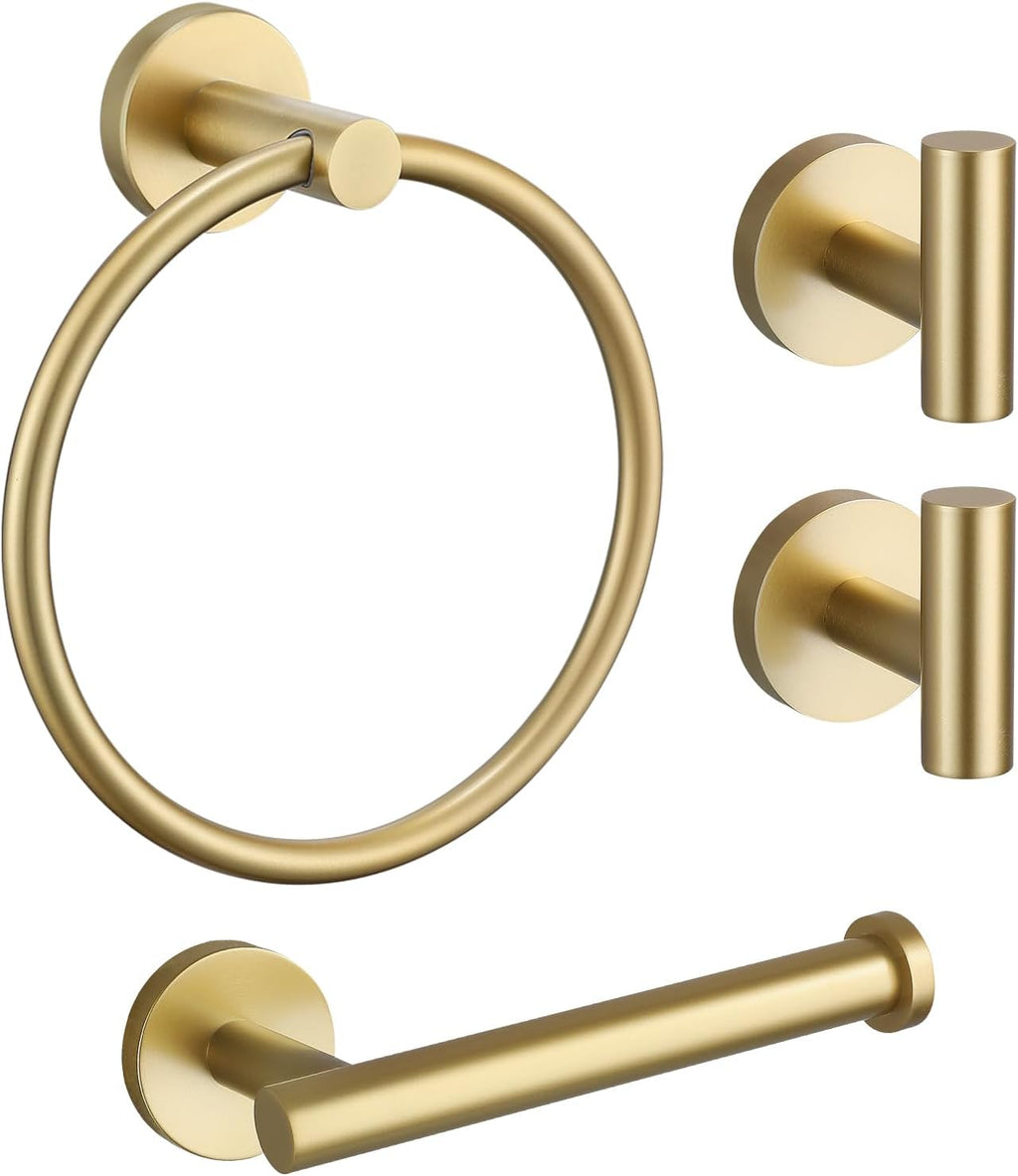 TURS Towel Ring Toilet Paper Holder Towel Hook 4-Pieces Brushed Gold SUS304 Stainless Steel Bathroom Accessories Kit Wall Mounted