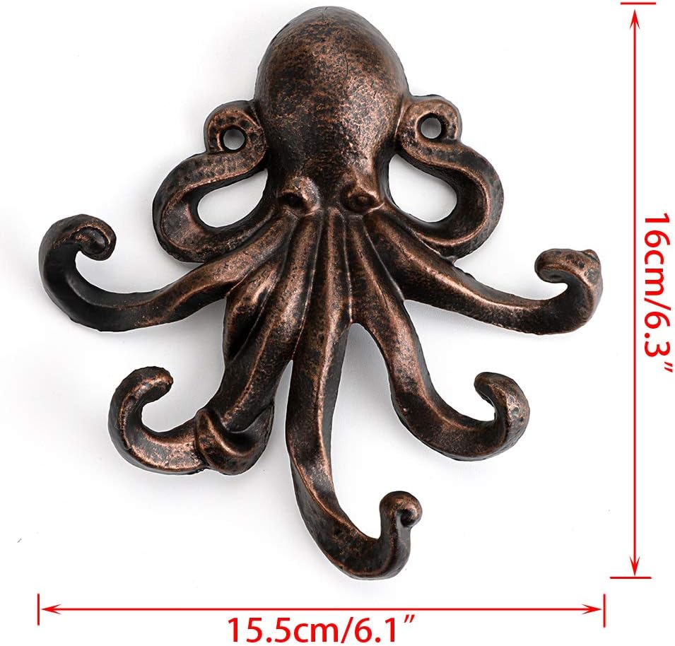 Sumnacon 6 Inch Cast Iron Octopus Decorative Coat Hook - Wall Mounted Nautical Hand Towel Rack Holder with Screws, Rustic Metal Clothing Hanger for Bedroom/Bathroom/Kitchen/Balcony, Red Bronze