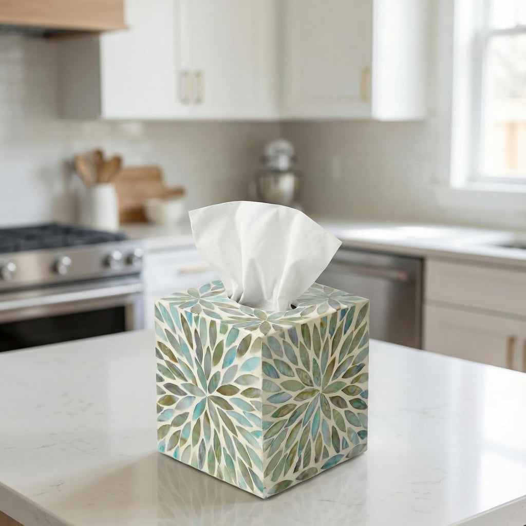 Mother of Pearl Tissue Box Cover, Decorative Tissue Box Holder Square Fits Kleenex & Puffs Tissue Box Cube for Coffee Table, Living Room, Kitchen & Dining Room (Blue)