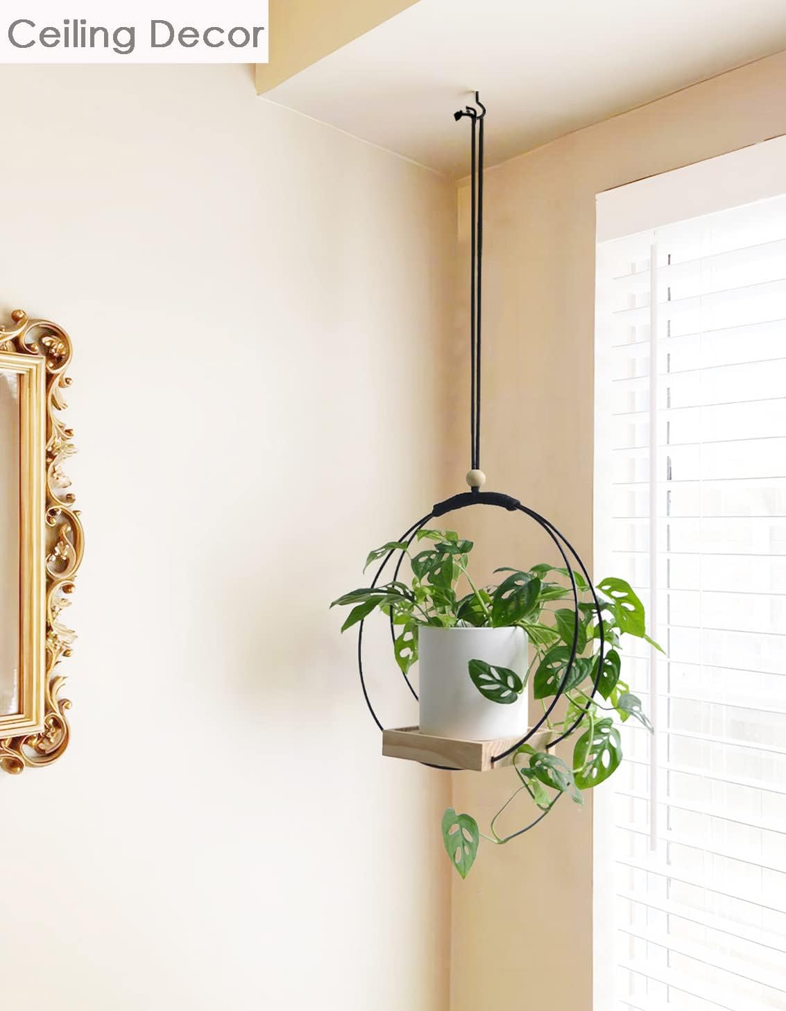 Plant Hanger with Wood Base - Boho Macrame Hanging Plant Holder for Indoor Plants Hanging Planter for Wall /Window/Room Decor Black (Pot & Plant Not Included)