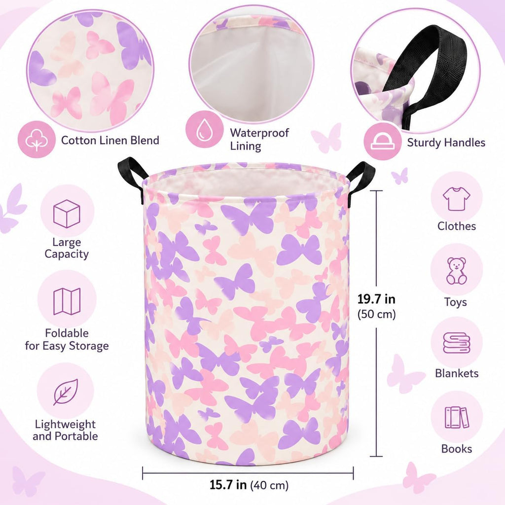 Collapsible Kids Laundry Basket Clothes Hamper, Foldable Storage Organizer Bin, Toy Clothes Storage with Handles for Boys Girls Bedroom, Room Decor Butterfly