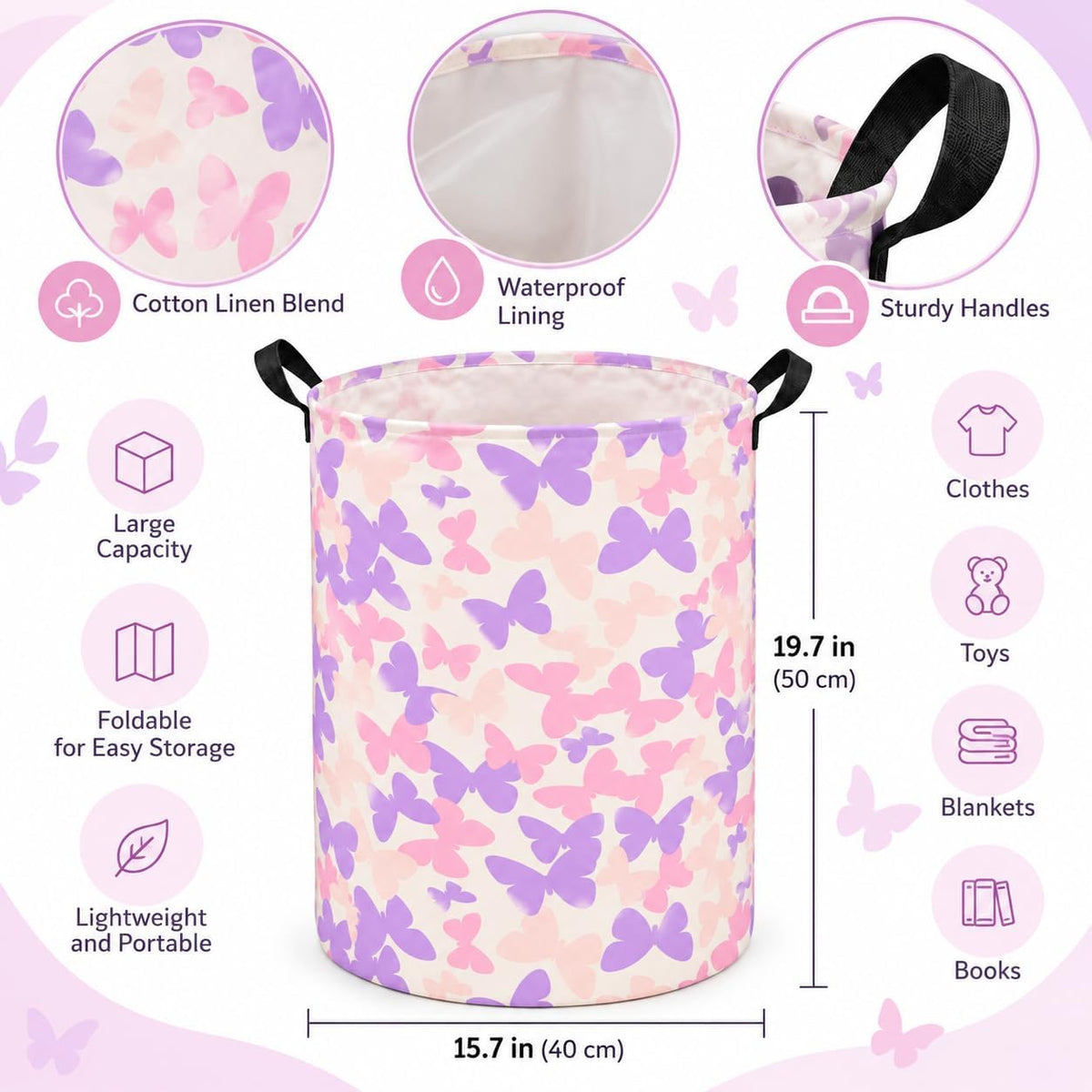 Collapsible Kids Laundry Basket Clothes Hamper, Foldable Storage Organizer Bin, Toy Clothes Storage with Handles for Boys Girls Bedroom, Room Decor Butterfly