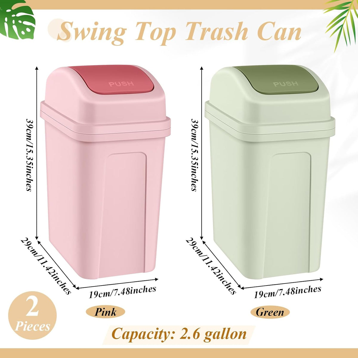 Sumind 2 Pcs 2.6 Gallon Small Trash Can with Swing Lid, Green and Pink
