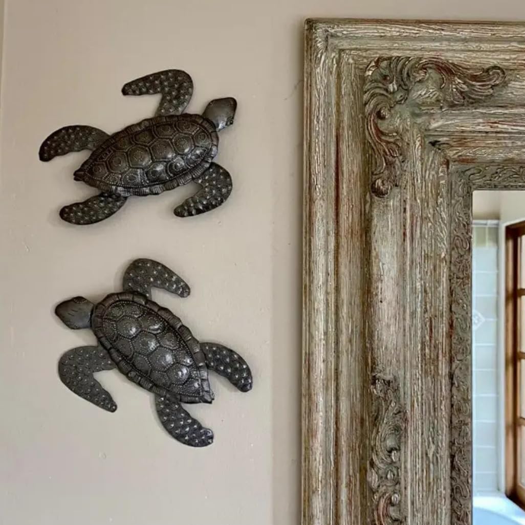 It's Cactus Sea Turtles, Beach Metal Art, Set of 2, Nautical Wall Hanging Figurines Home Decoration, Under the Sea Marine Life Animals, Handmade in Haiti 6 x 7.75 Inches Haitian Metal Plaques