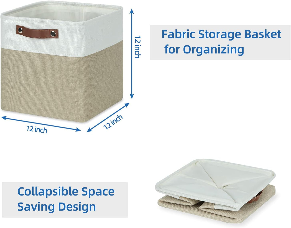 Temary Fabric Storage Baskets 12x12 Cube Bins 4 Pack Cloth Baskets for Shelf, Storage Cubes Bins Gift Empty (White&Khaki)