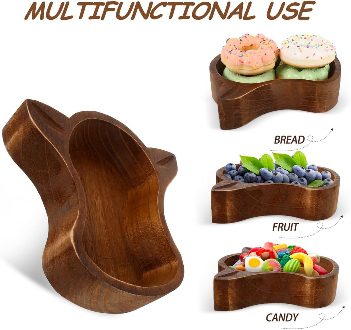 PRETYZOOM Cow Head Wood Serving Bowl 7.75 Inch Rustic Fruit Bowl Nut Dish Decorative Snack Plate for Home Kitchen Dining