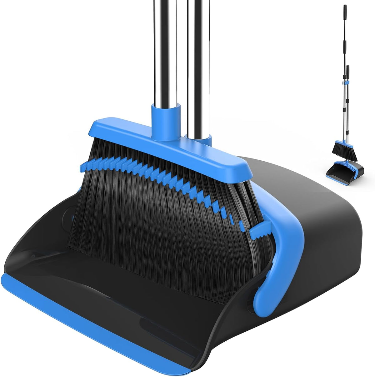 NACENA Broom and Dustpan Set with 52-in Long Adjustable Handle, Black Blue