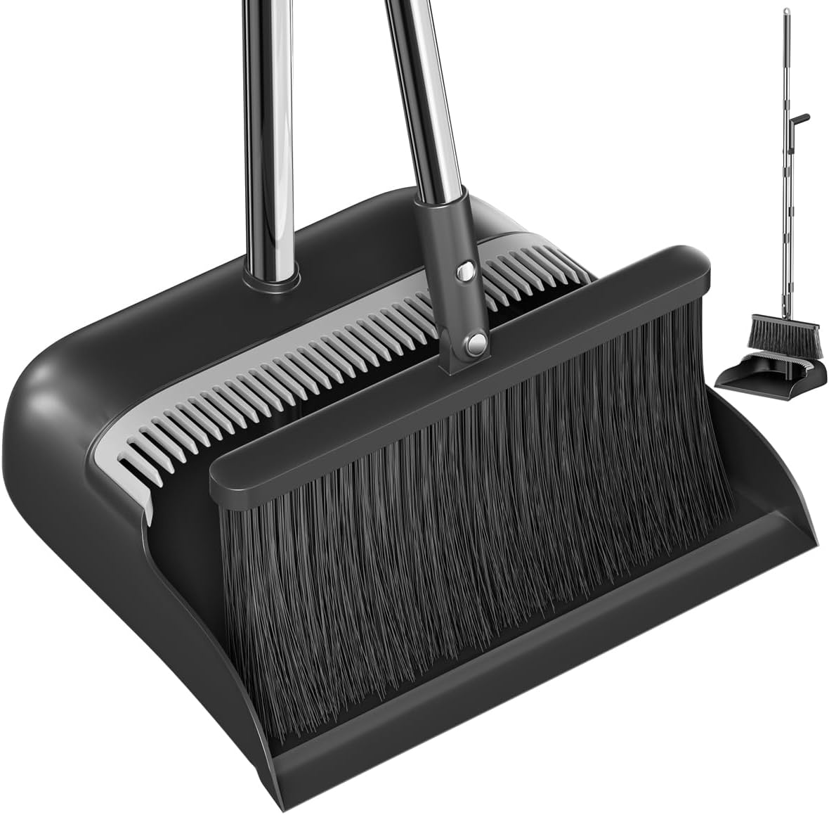 Broom and Dustpan Set, 52" Long Handle with Dust Pan Teeth, Black