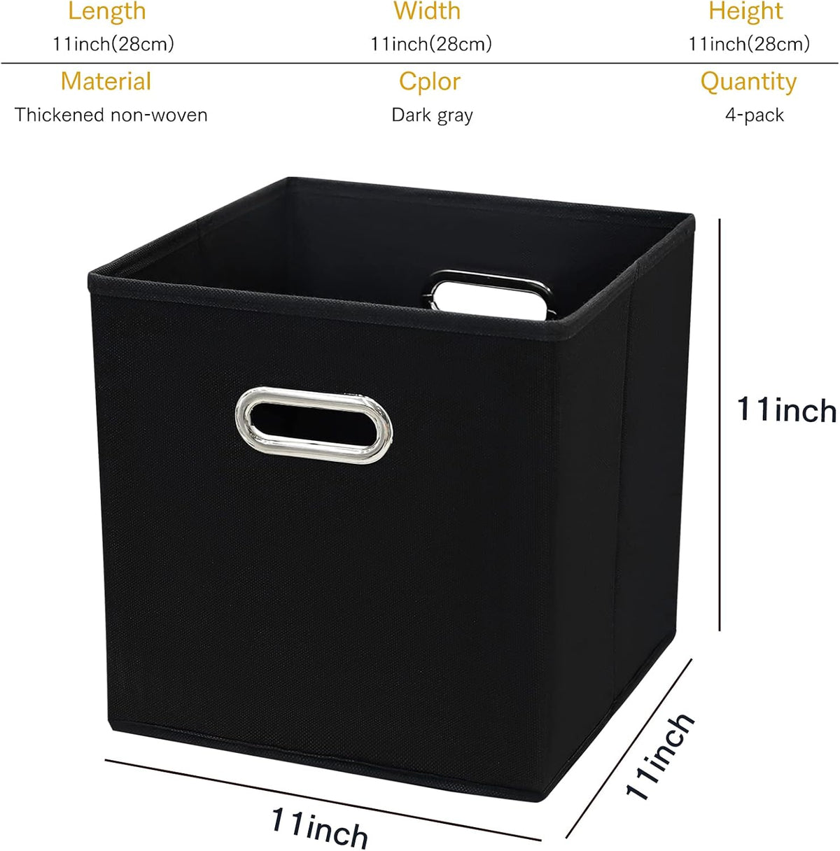 11 Inch Cube Storage Bins ,Black Fabric Cubes Organizer Baskets with Handle, Foldable Basket for Closet or Collapsible Storage Box, 11x11x11 Set of 4 (Black )