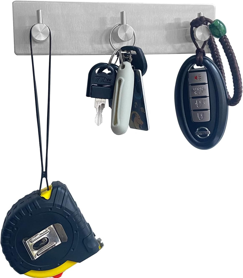 AXBUS Key Holder (3 Hooks), 304 Stainless Steel, Wall Mounted, Decorative, Adhesive, for Entryway, Kitchen, Bedroom, Bathroom - Silver