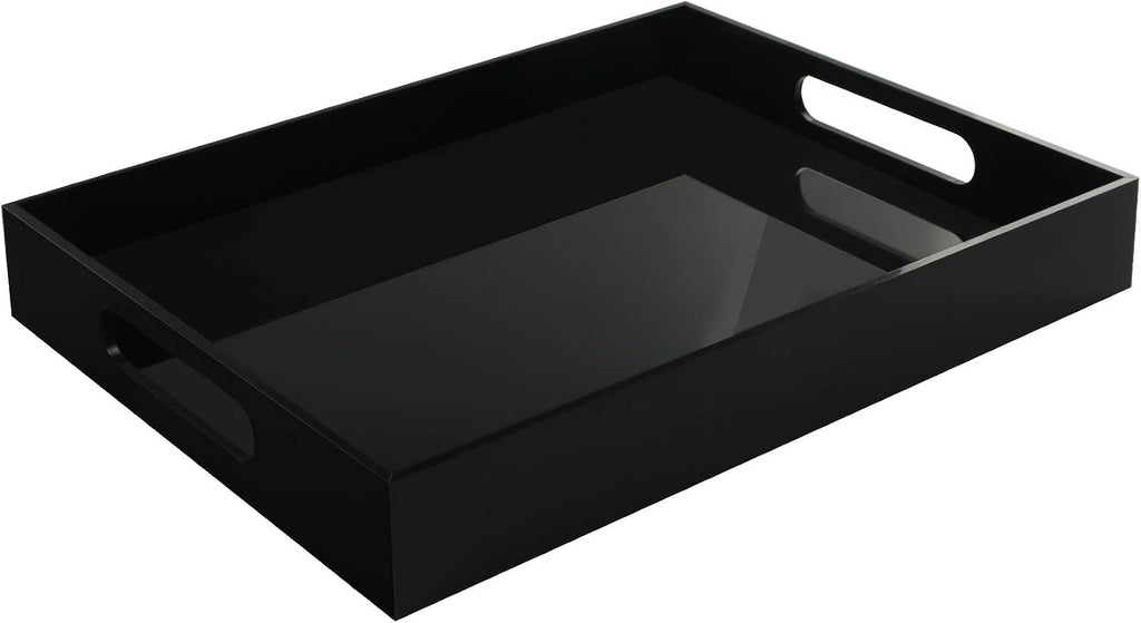 Tasybox Black Serving Tray, Acrylic Decorative Serving Trays with Handles for Kitchen Dining Room Table Ottoman Vanity Countertop 16" x 12"