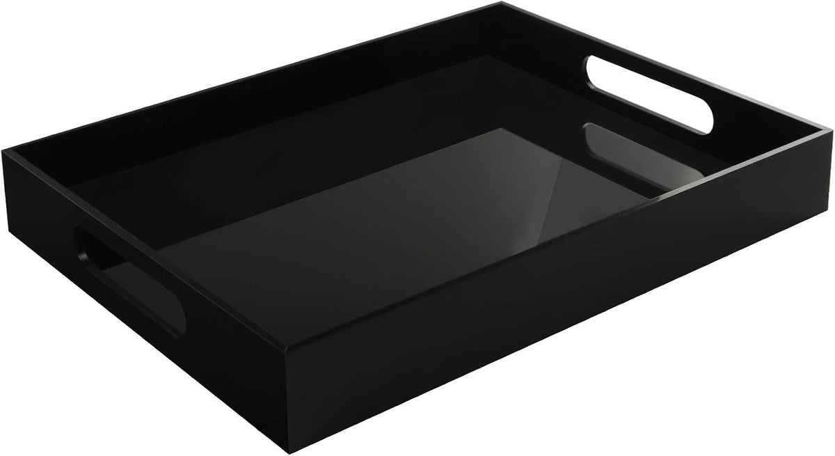 Tasybox Black Serving Tray, Acrylic Decorative Serving Trays with Handles for Kitchen Dining Room Table Ottoman Vanity Countertop 16" x 12"