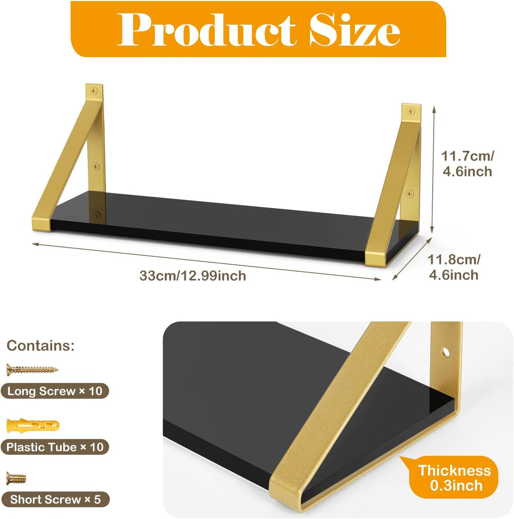 Gold Black Floating Shelves Wall Mounted Set of 2, 8mm Transparent Acrylic, Invisible Wall Shelves for Bedroom, Living Room, Bathroom, Kitchen, Office Display Decor (13in)