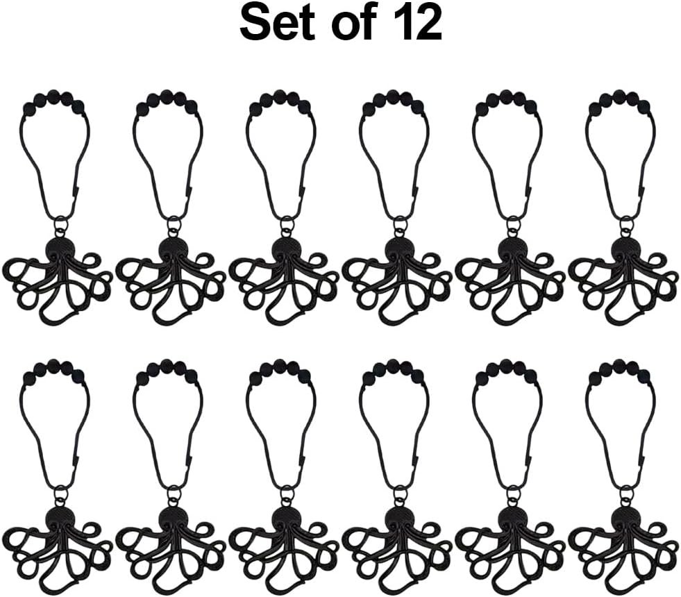 12Pcs Decorative Octopus Shower Curtain Hooks for Bathroom Rod, Black