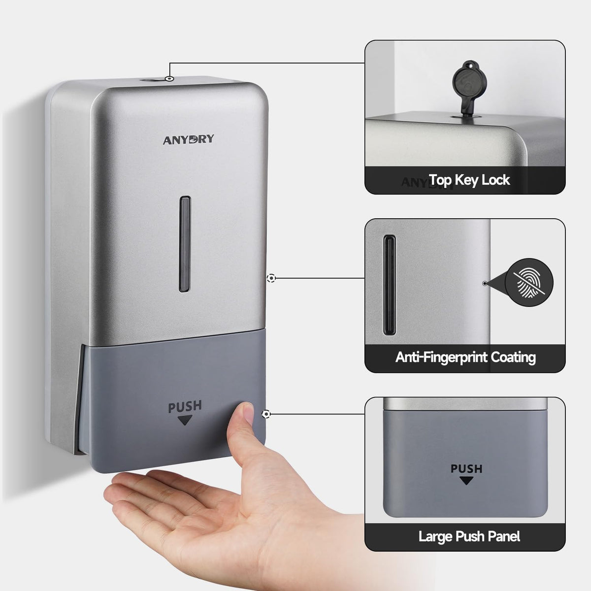 anydry Liquid Hand Soap Dispenser Wall Mounted 27oz Large Capacity Silver