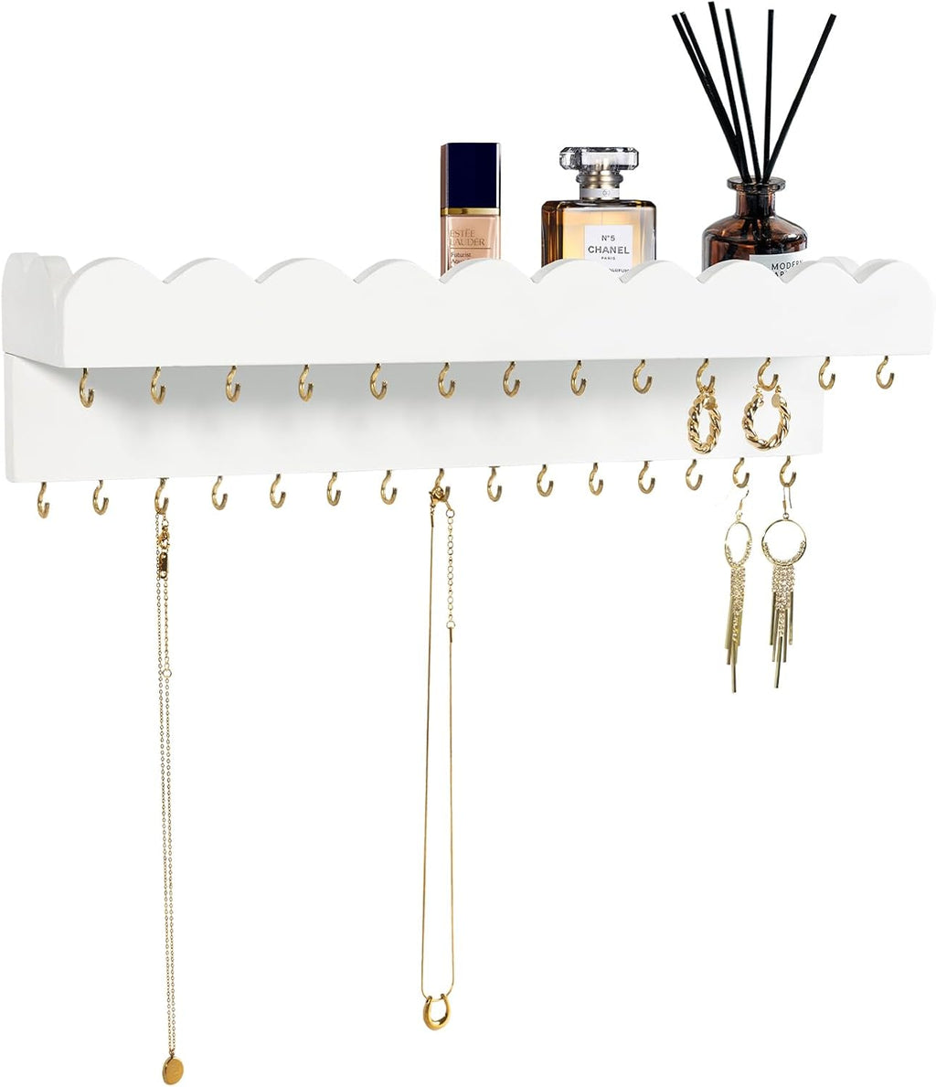 Wall Mount Jewelry Organizer with 28 Hooks and Cosmetics Shelf, Modern Wood Hanging Jewelry Holder for Necklaces, Bracelets, Earrings and Rings, White