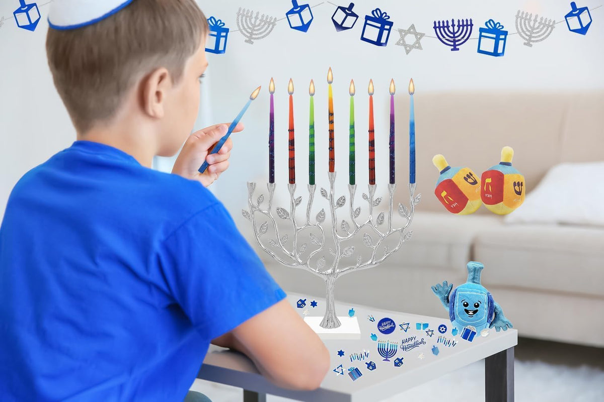 The Dreidel Company 5-Pack Dripless Hanukkah Candles, Multicolored Ombre Striped Deluxe Tapered Decorations, 1 Hour Burn Time, Chanukkah 45 Menorah Candles Box for All 8 Nights of Chanukah