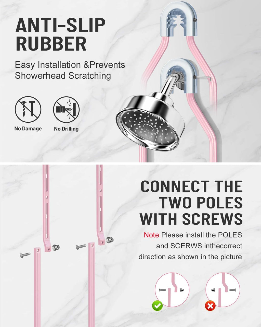 Adjustable Shower Caddy Hanging for Handheld Showerheads - Never Rust Shower Hanging Organizer, Upgraded Bathroom Shower Rack with Soap Basket, Hooks and Toothbrush Holder (Pink)