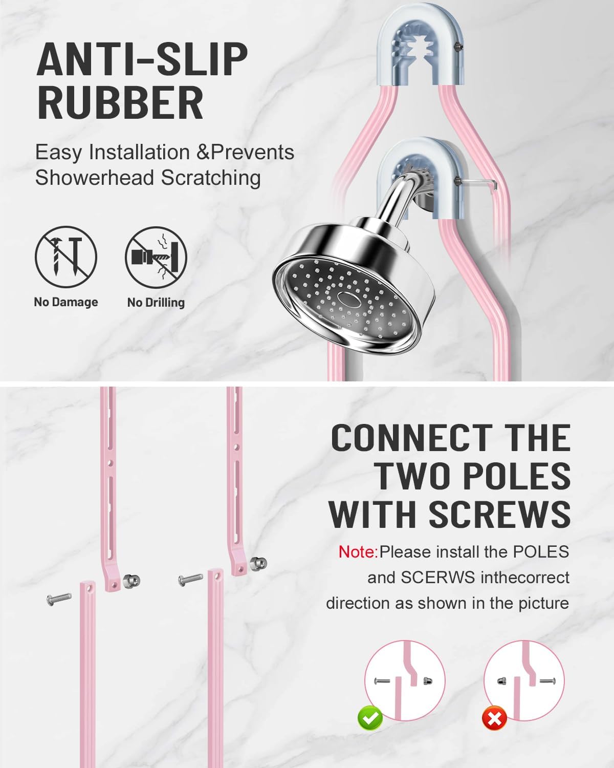 Adjustable Shower Caddy Hanging for Handheld Showerheads - Never Rust Shower Hanging Organizer, Upgraded Bathroom Shower Rack with Soap Basket, Hooks and Toothbrush Holder (Pink)