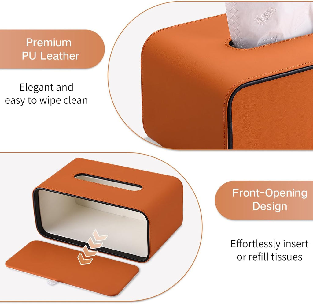GORESE Rectangular Tissue Box Cover for Kleenexs, PU Leather Tissue Box Holder, Decorative Tissue Holder Cover for Bathroom Bedroom Living Room Office, Orange