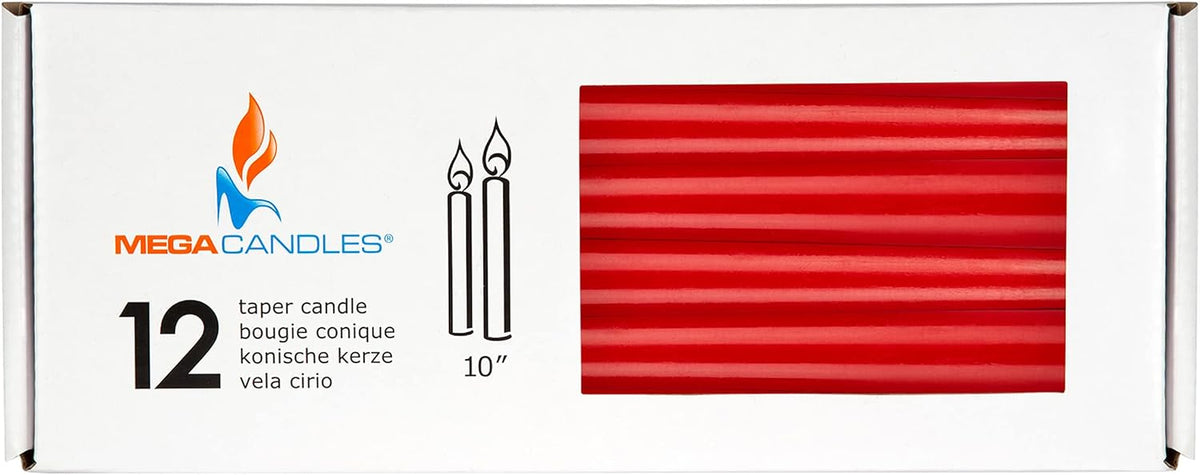 Mega Candles 12 pcs Unscented Red Taper Candles, Hand Poured Wax Candle 10 Inch x 7/8 Inch, Home Décor, Wedding Receptions, Centerpieces, Occasions, Romantic Dinners, Prayer, Candle Holders