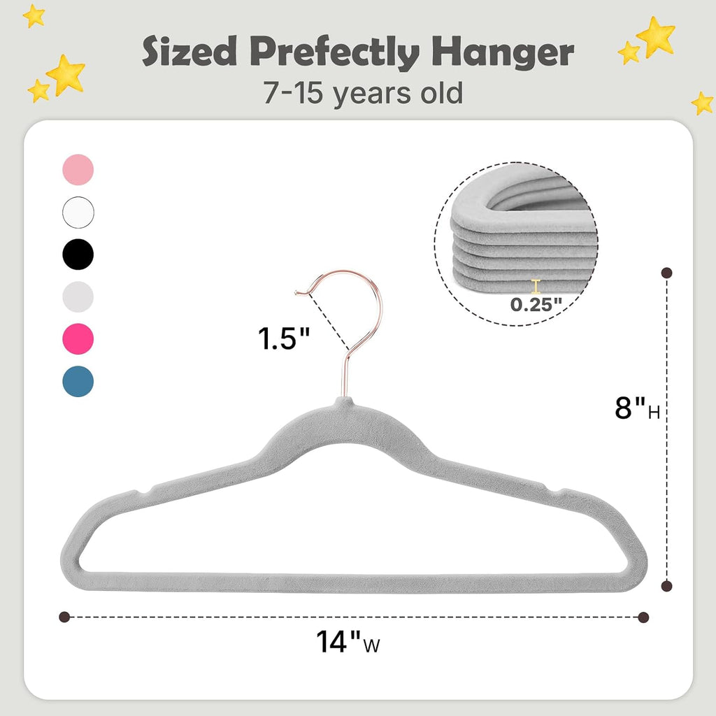 HOUSE DAY Velvet Kids Hangers 60 Pack, Premium Childrens Hangers for Closet, Ultra Thin Cute Hangers Kids Clothes Hanger, Non Slip Kids Felt Hangers 14 Inch, Small Hangers for Kids Clothes, Grey